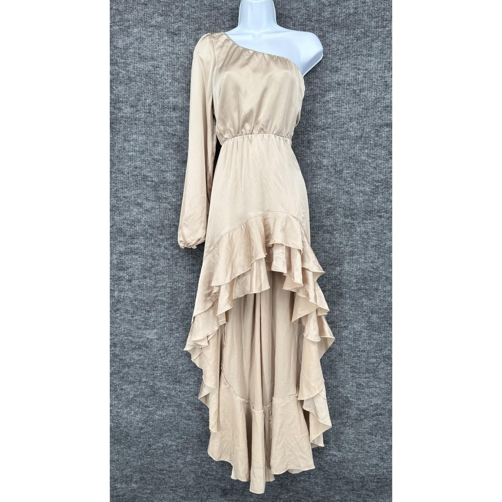 Show Me Your MuMu Dress Womens M Beige One Shoulder Ruffle‎ Hi Low Satin Maxi
